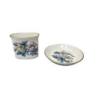 Royal Worcester Bone China Floral Toothpick Holder Vase & Trinket Dish Gold Trim